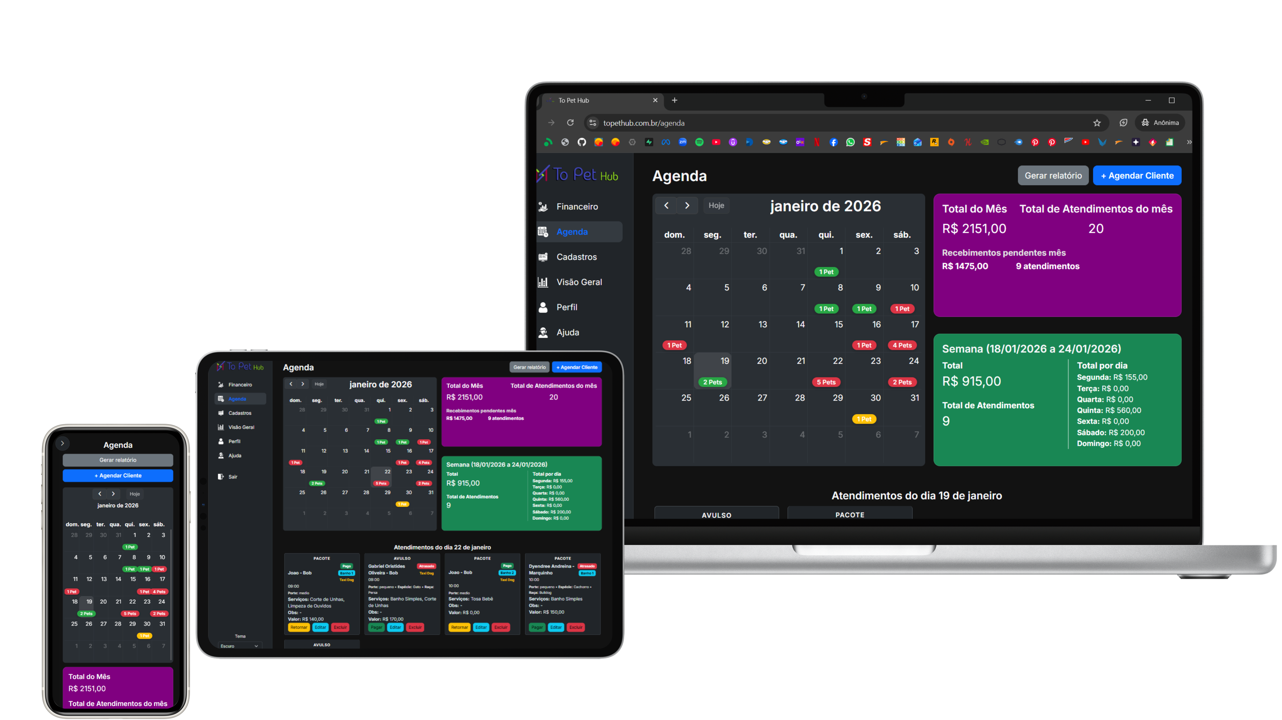 To Pet Hub em notebook, tablet e celular
